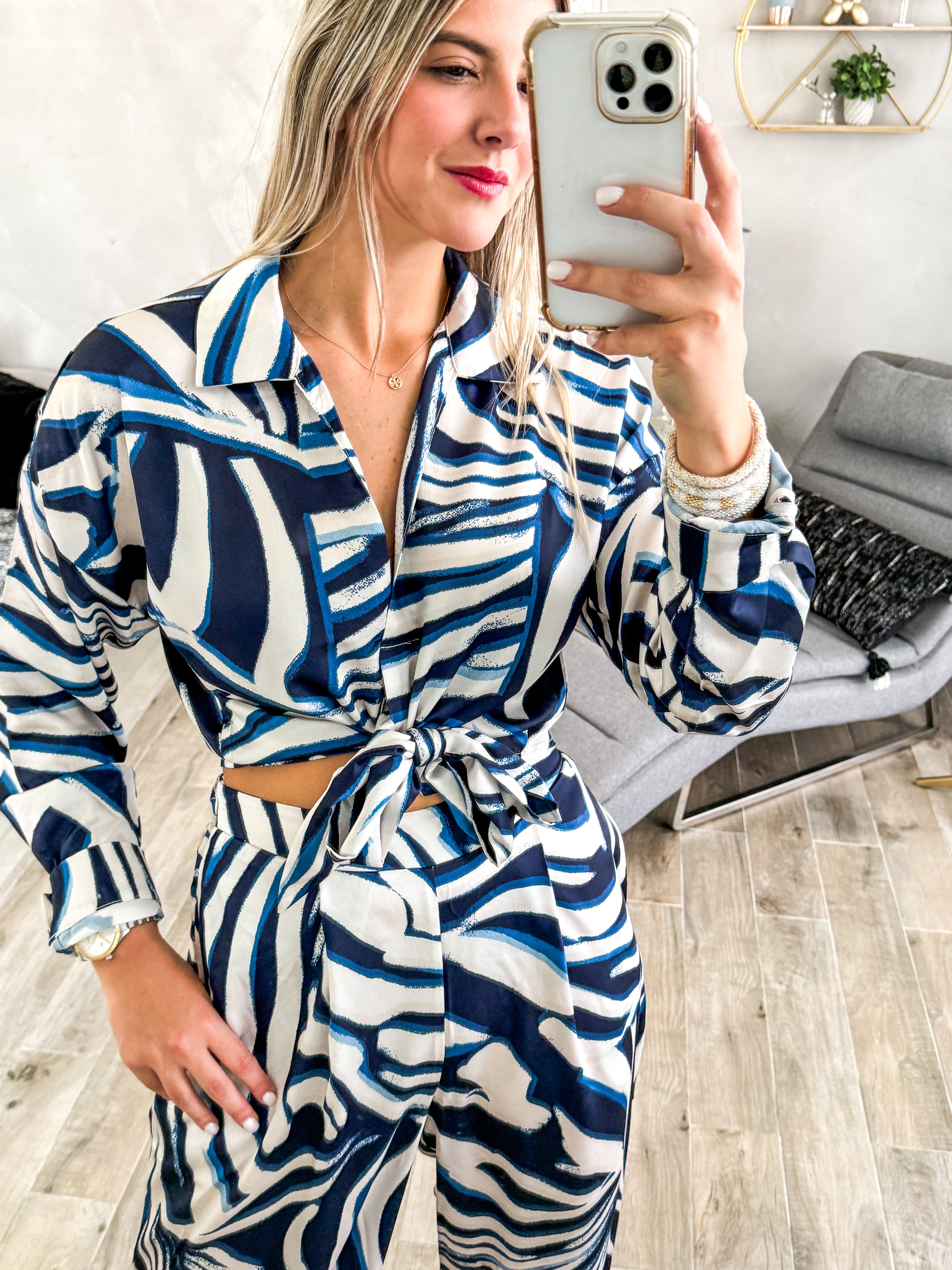 SATIN BLUE/CREAM PRINTED TIE FRONT BLOUSE