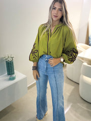 GREEN/PLUM DETAILED BLOUSE