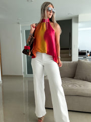 OMBRE SATIN HALTER HIGH LOW BLOUSE