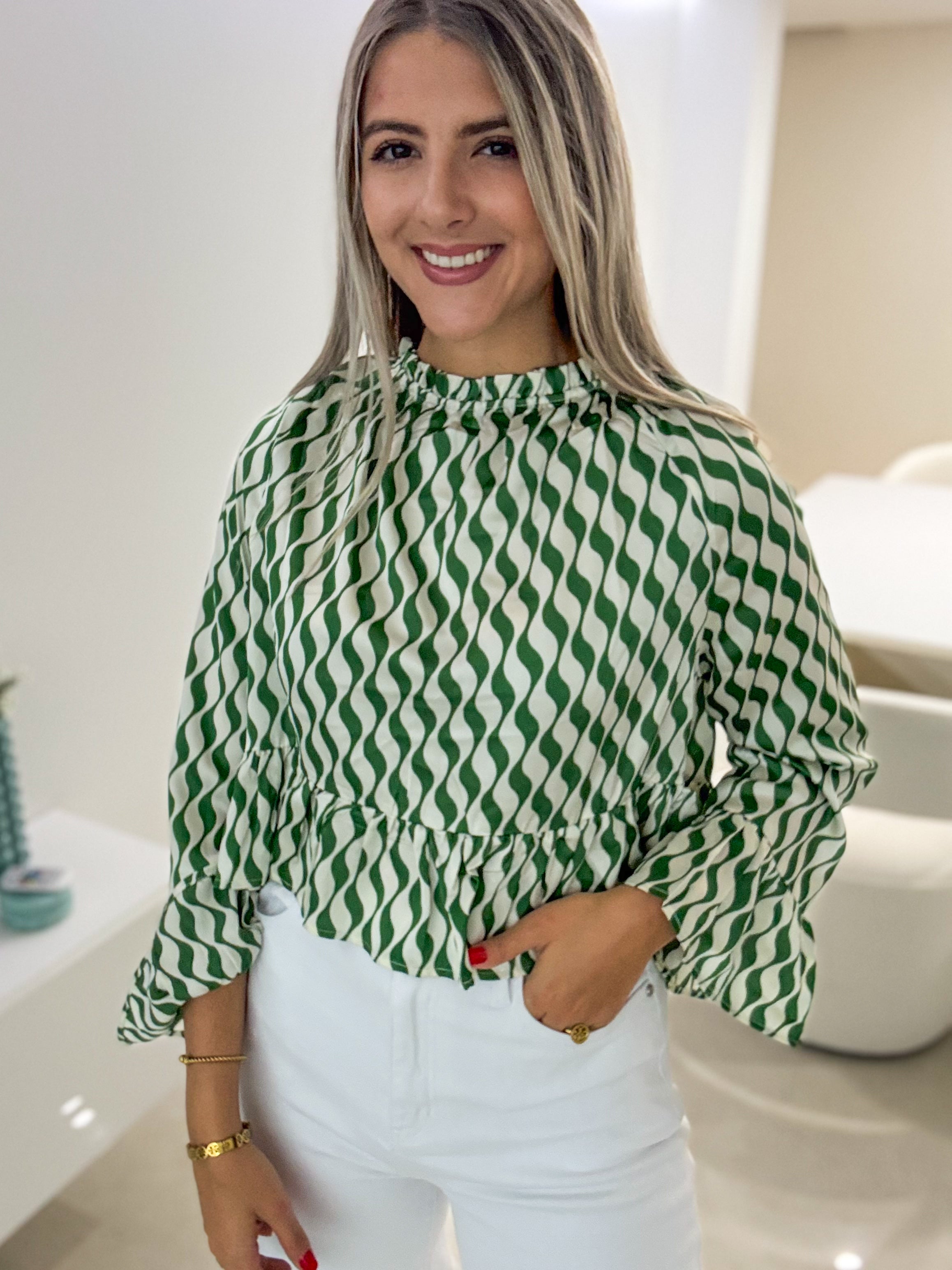 GREEN/WHITE STRIPED PEPLUM BLOUSE