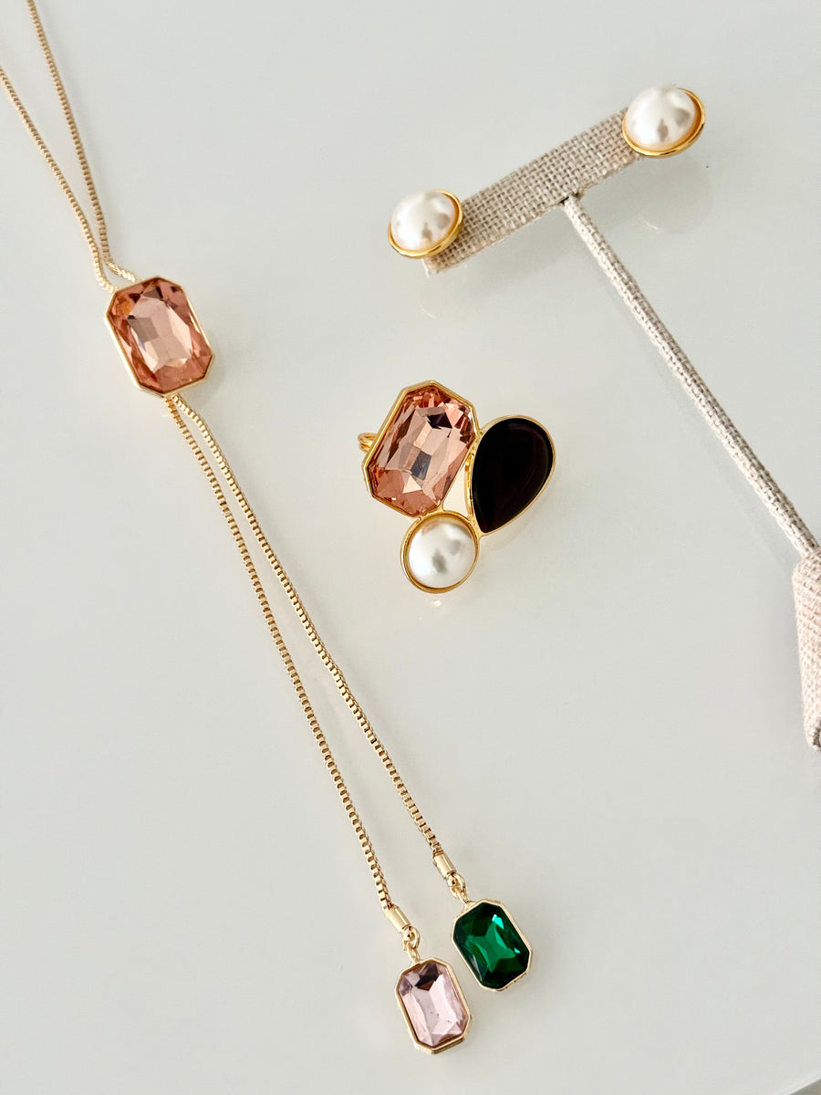 LONG GEM LARIAT NECKLACE SET IN PINK/BLACK