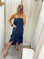 NAVY SATIN HIGH LOW DRESS