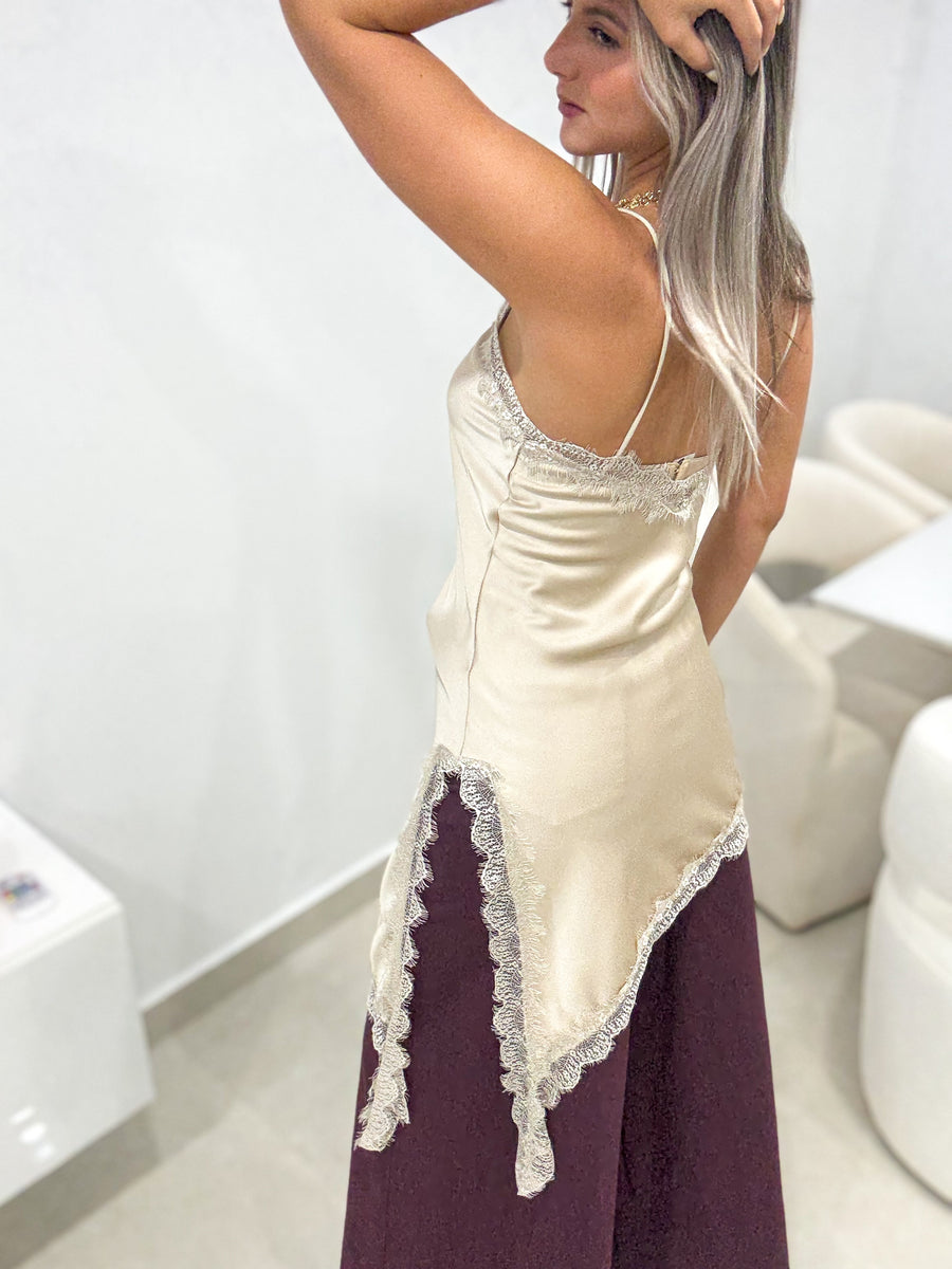 CREAM LACE SATIN TOP