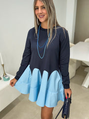 NAVY/SKY BLUE LONG SLEEVE SHORT DRESS
