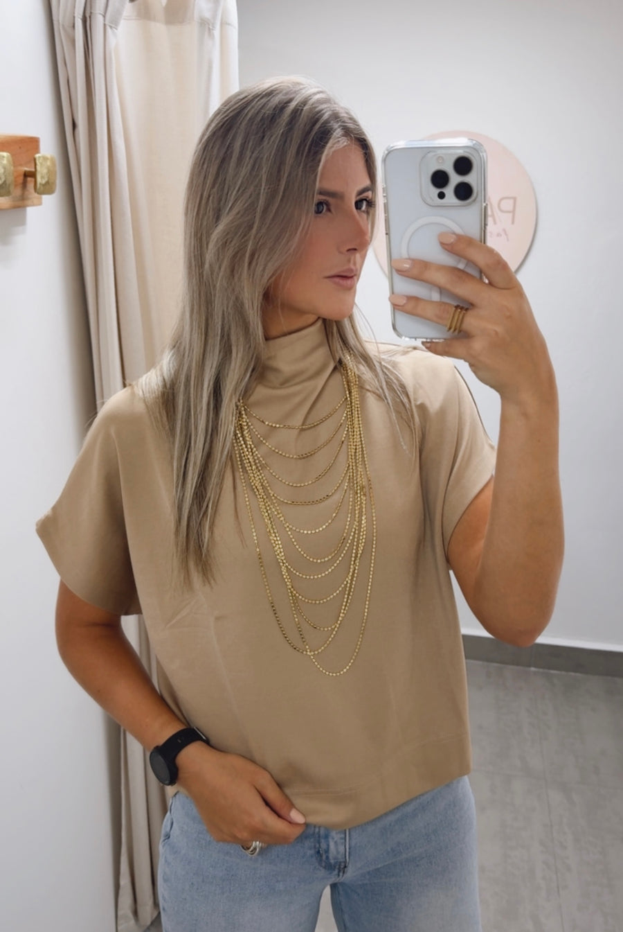 BEIGE MOCK NECK MODAL TOP