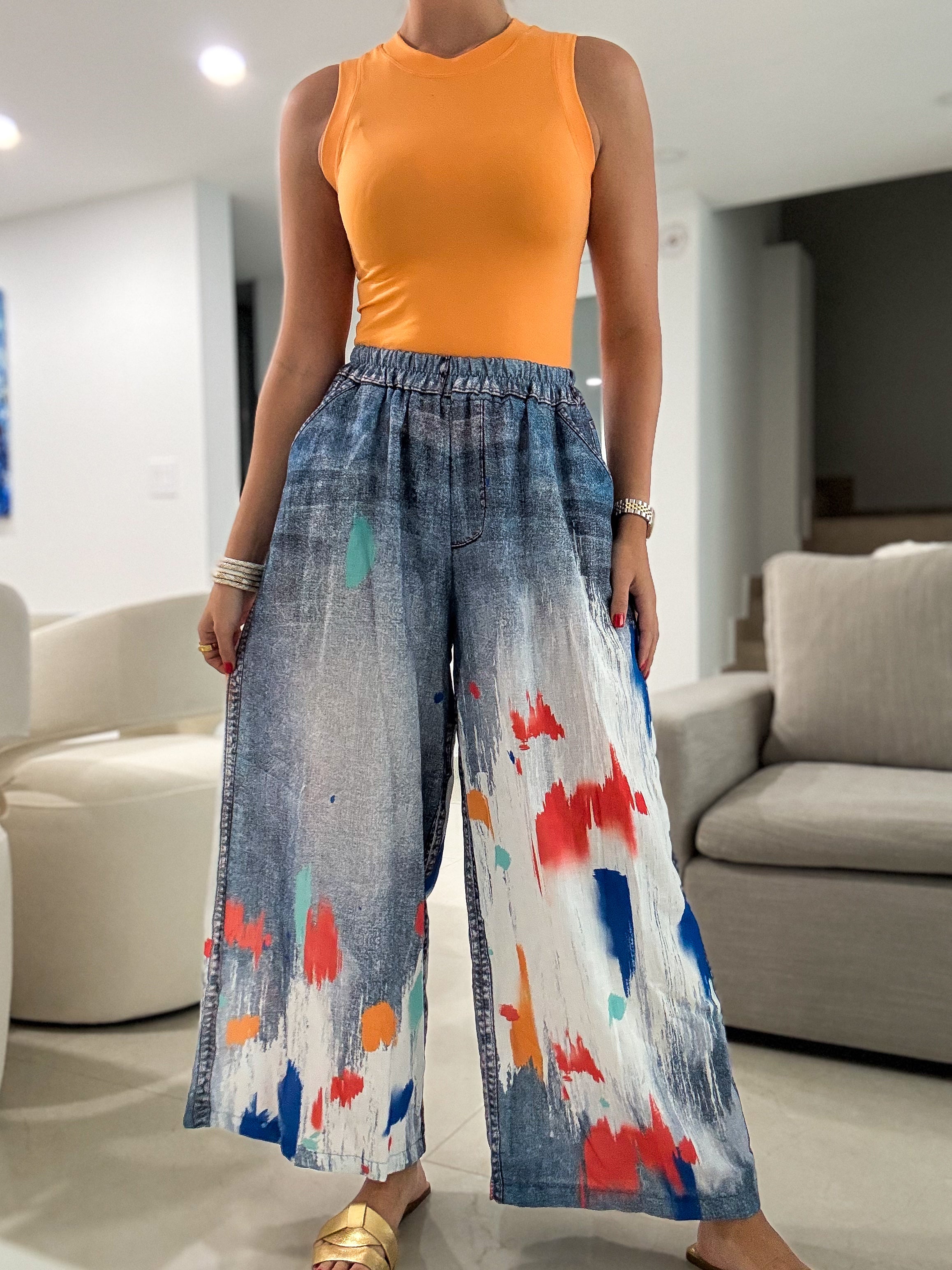 PAINT BRUSH DENIM ILLUSION PALAZZOS
