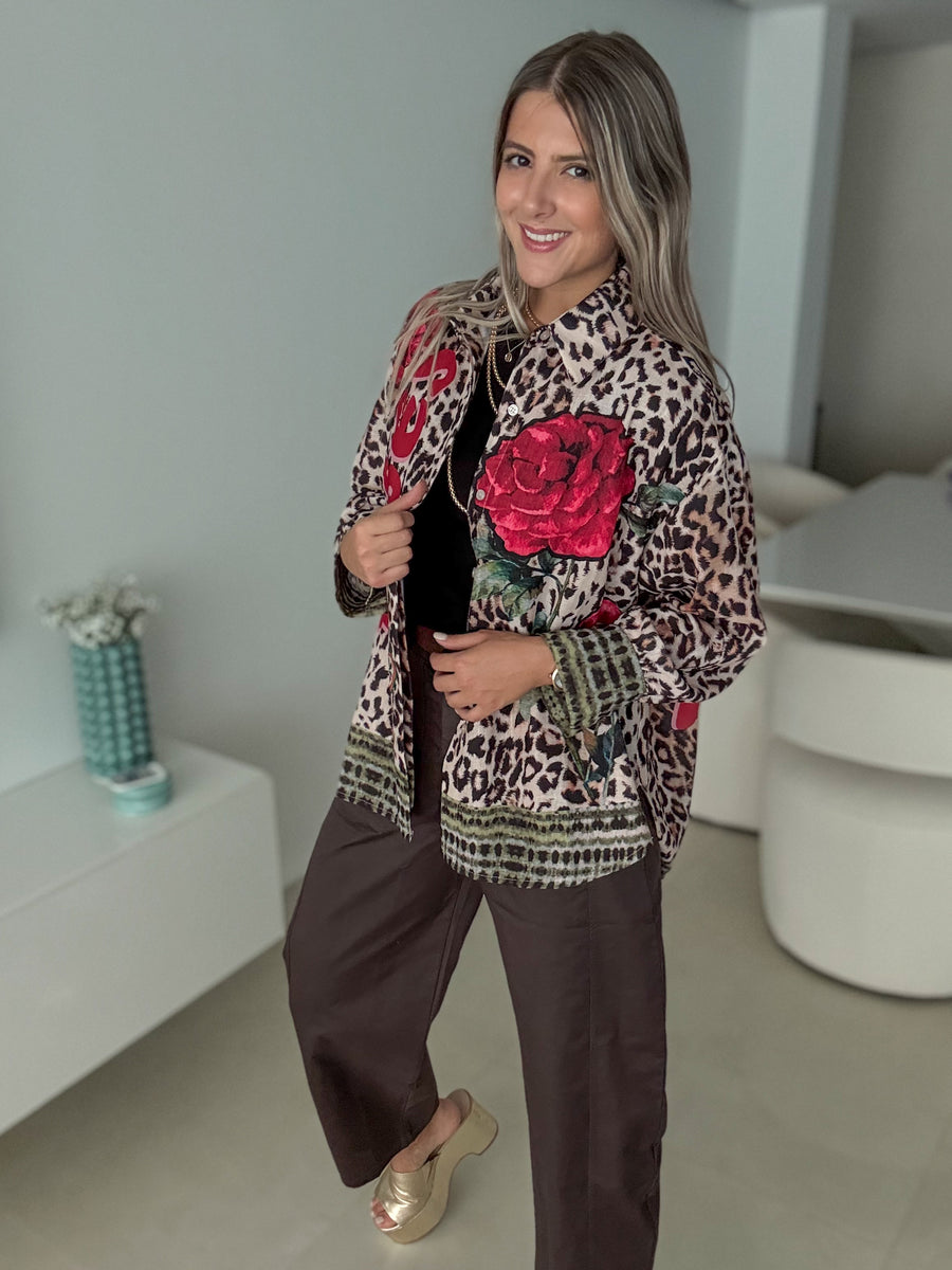 LEOPARD/RED FLOWER LEOPARD TUNIC BLOUSE
