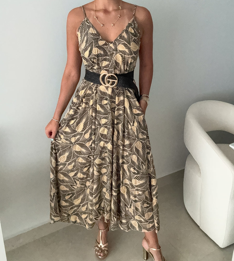 GOLD/BLACK LEAF MAXI DRESS