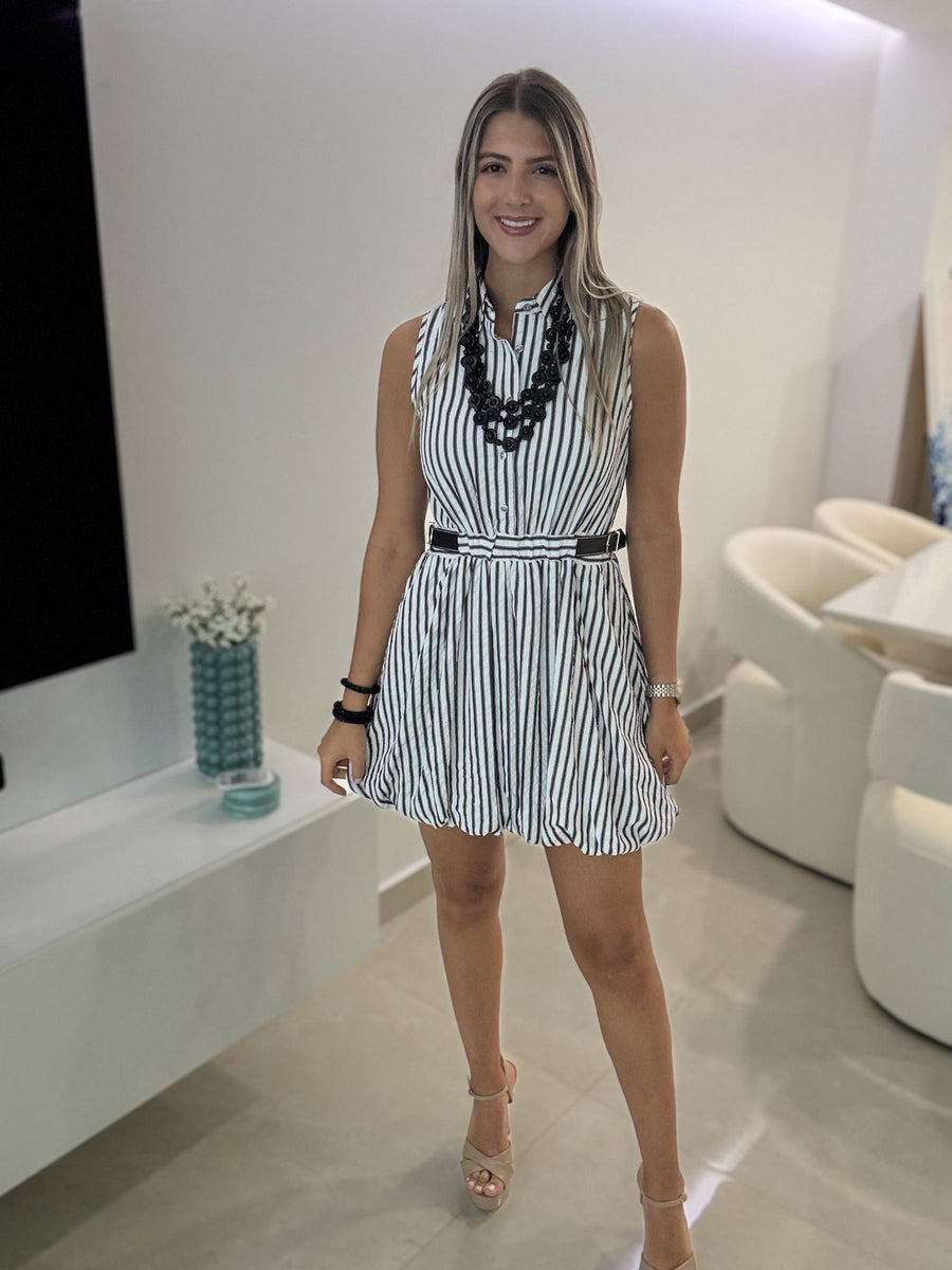 BLACK STRIPED BELTED DETAIL DRESS