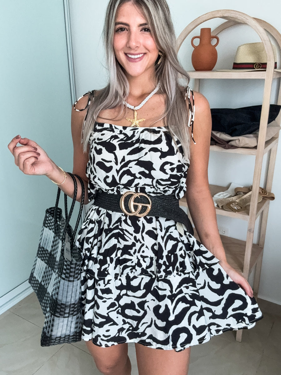 BLACK/IVORY PRINTED RUFFLE DRESS
