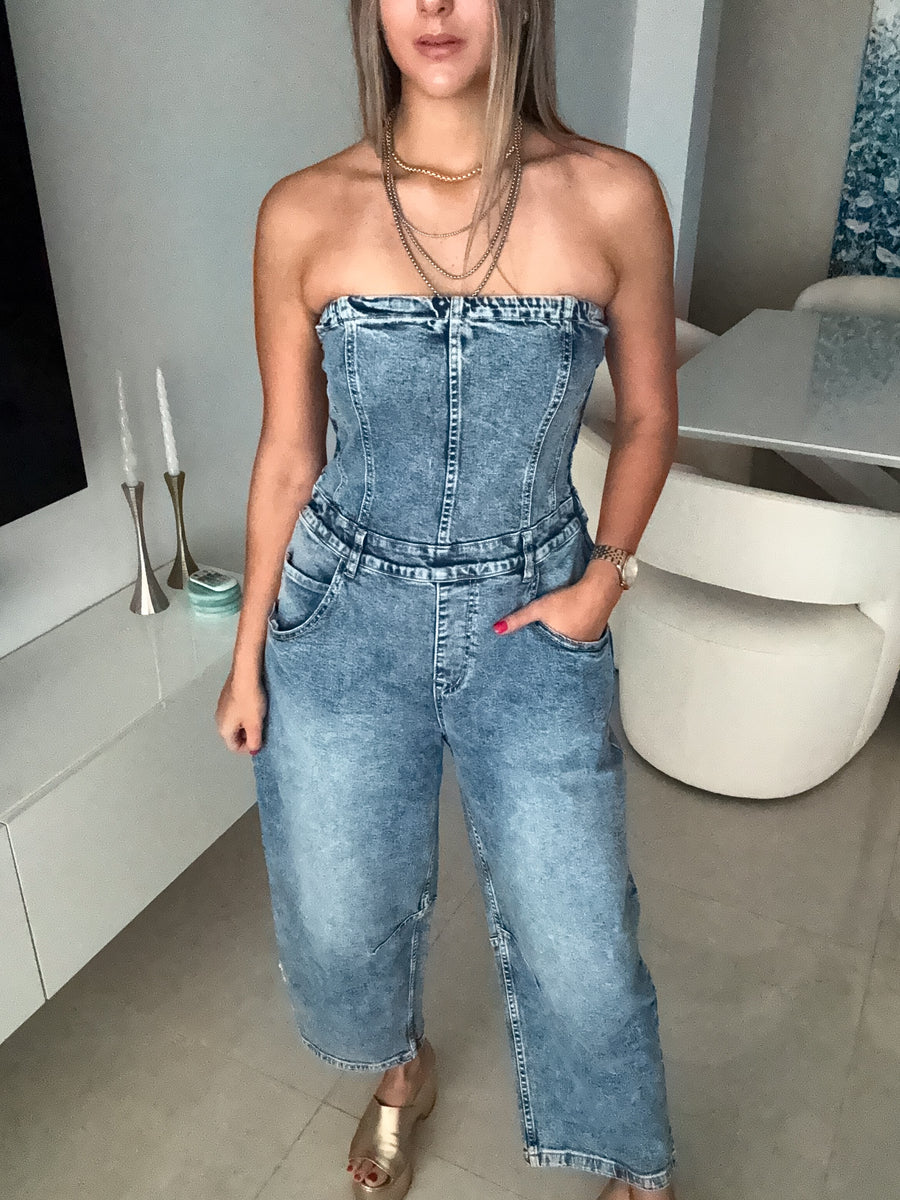 2-IN-1 DENIM STRETCH BARREL JUMPSUIT