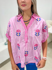 PINK/BLUE FLOWER EMBROIDED TUNIC BLOUSE