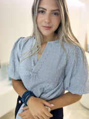 NAVY STRIPED RHINESTONES TIE-FRONT BLOUSE