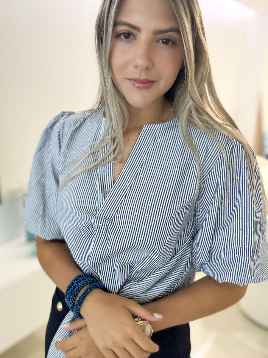 NAVY STRIPED RHINESTONES TIE-FRONT BLOUSE