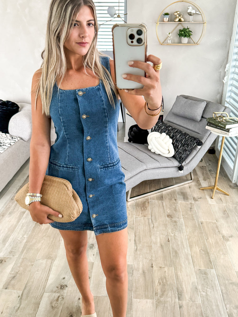 DARK DENIM/GOLD BUTTONED DOWN SHORT DRESS