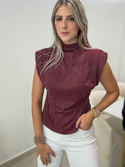 BURGUNDY GLITTER MOCK NECK BLOUSE