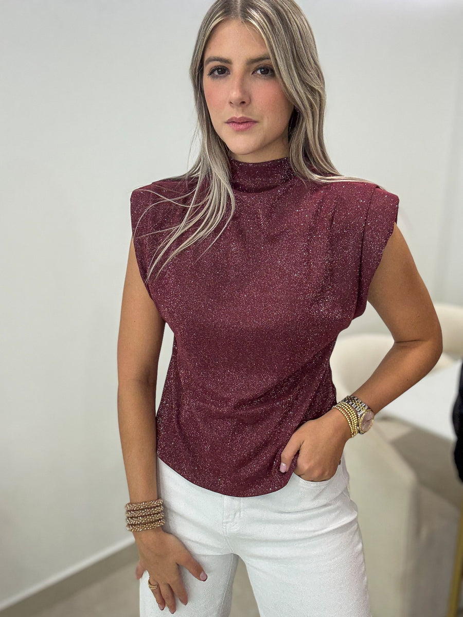 BURGUNDY GLITTER MOCK NECK BLOUSE