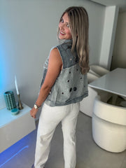 DENIM TRICOLOR METAL EYELET SLEEVELESS JACKET