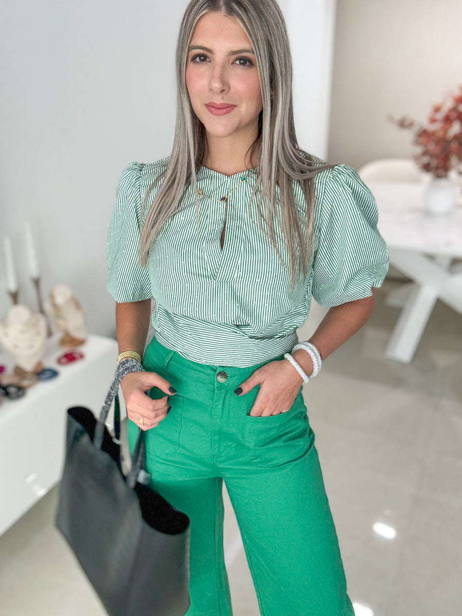 GREEN STRIPED RHINESTONES TIE-FRONT BLOUSE