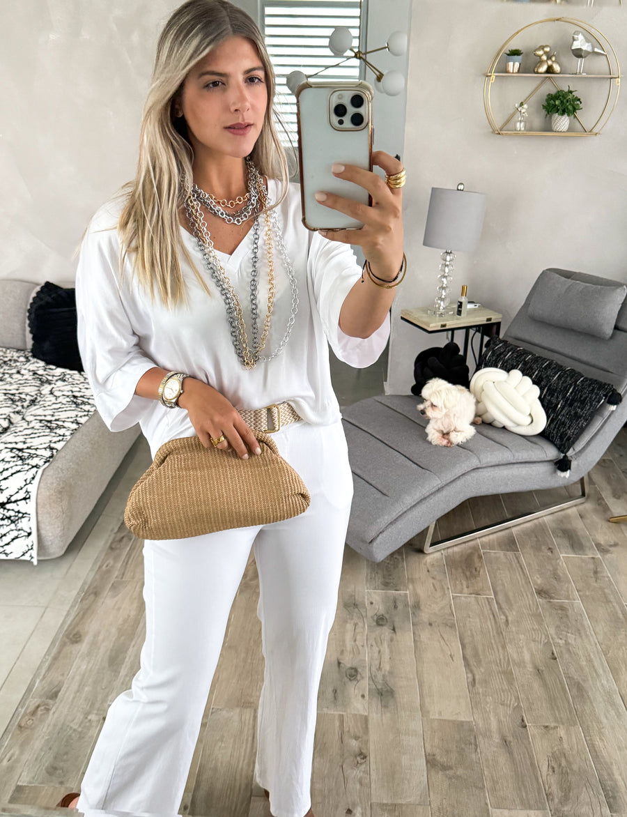 WHITE 3/4 SLEEVES V-NECK SILKY BLOUSE