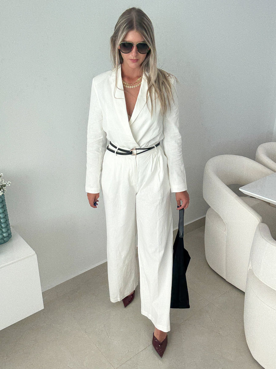 WHITE WIDE-LEG BELTEN TAILORED TROUSER PANTS
