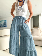 FLOWER DESIGN DENIM FLOWY PALAZZO PANTS