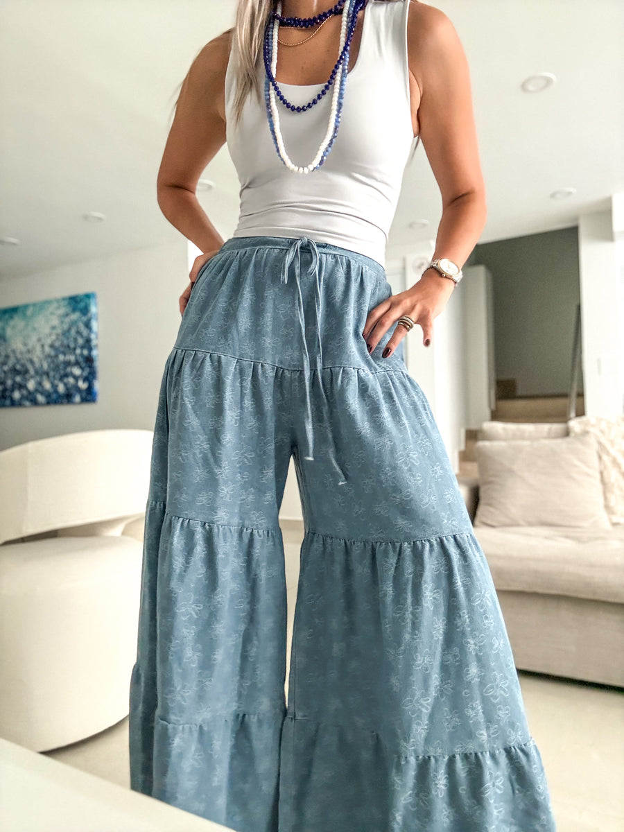 FLOWER DESIGN DENIM FLOWY PALAZZO PANTS