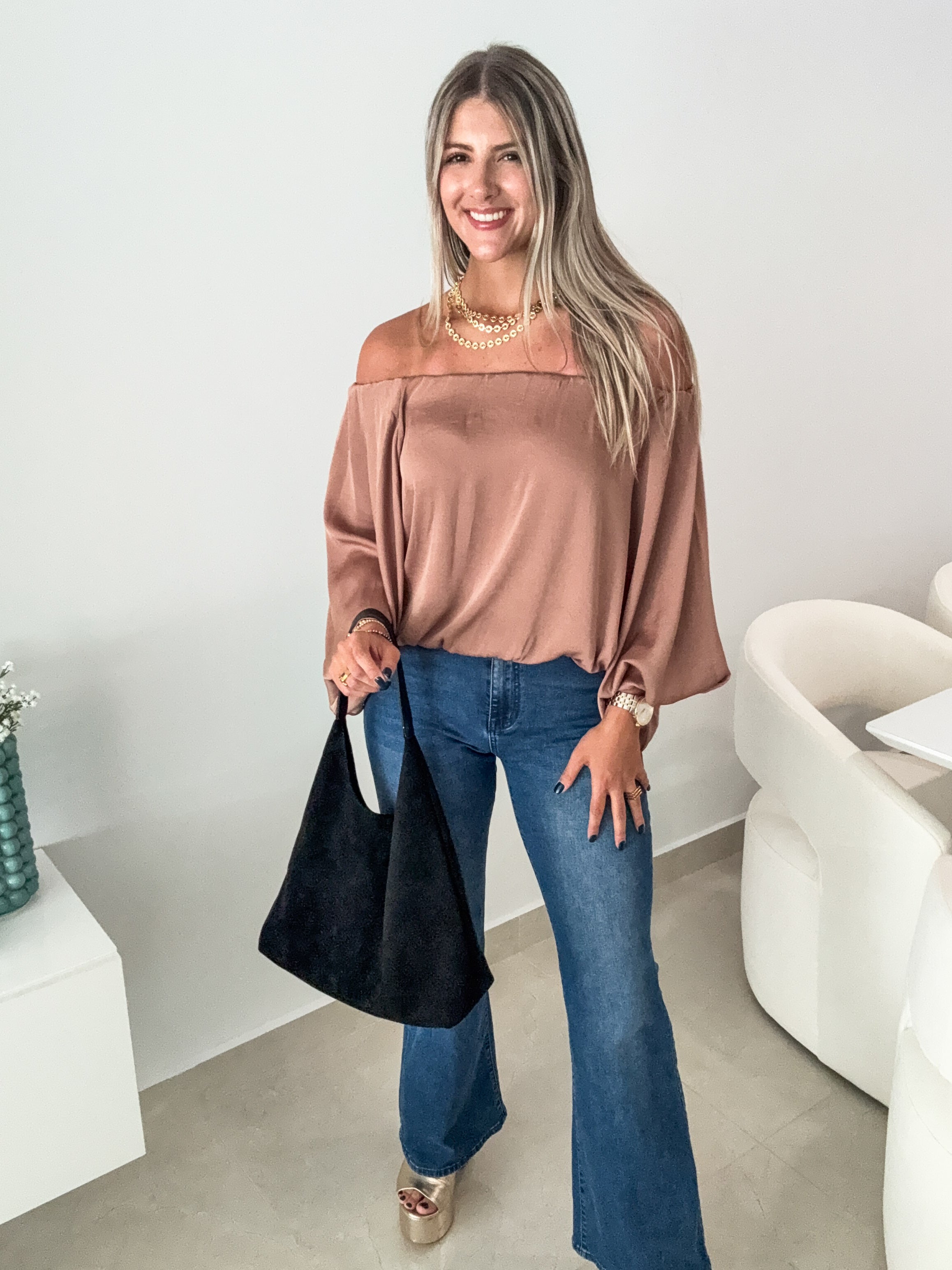 MOCHA SATIN OFF SHOULDER BLOUSE