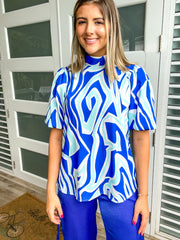 MULTI BLUE PRINT TUNIC BLOUSE
