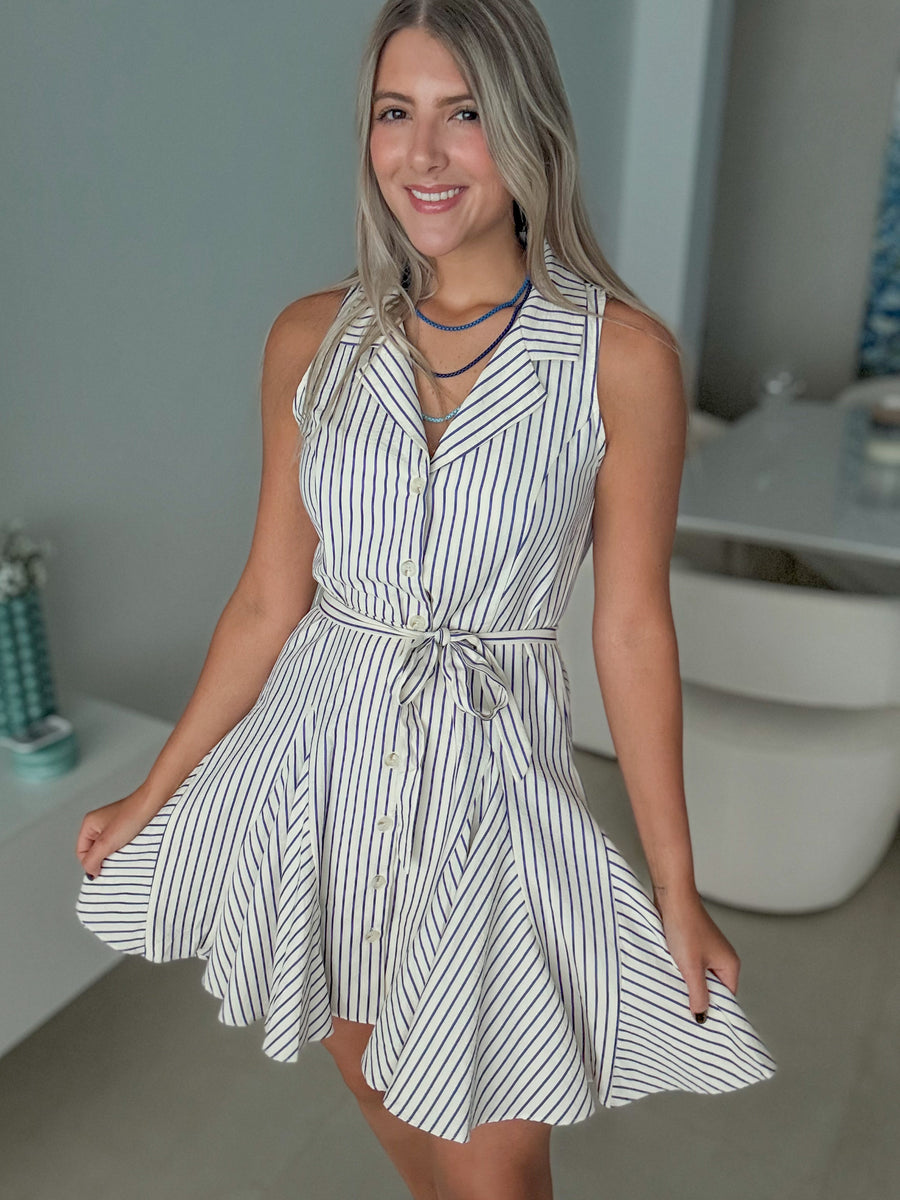 SLEEVELESS NAVY STRIPED SHORT DRESS