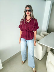 BURGUNDY ROPE BELTED BLOUSE