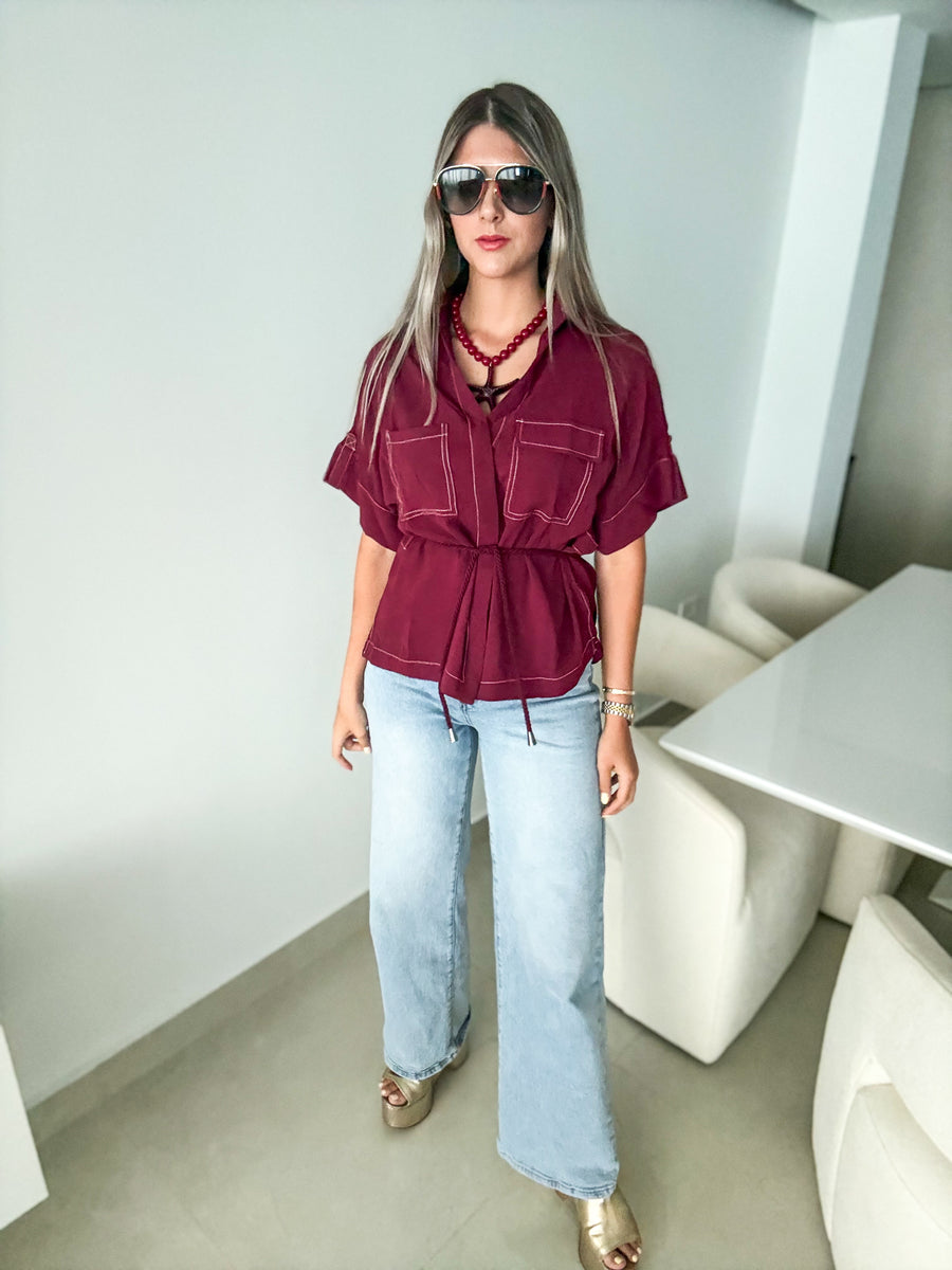 BURGUNDY ROPE BELTED BLOUSE