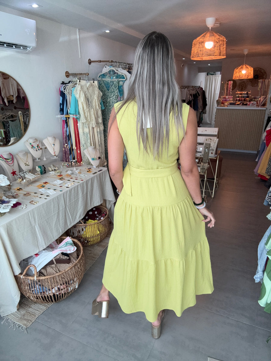 GREEN BELTED HALTER DRESS