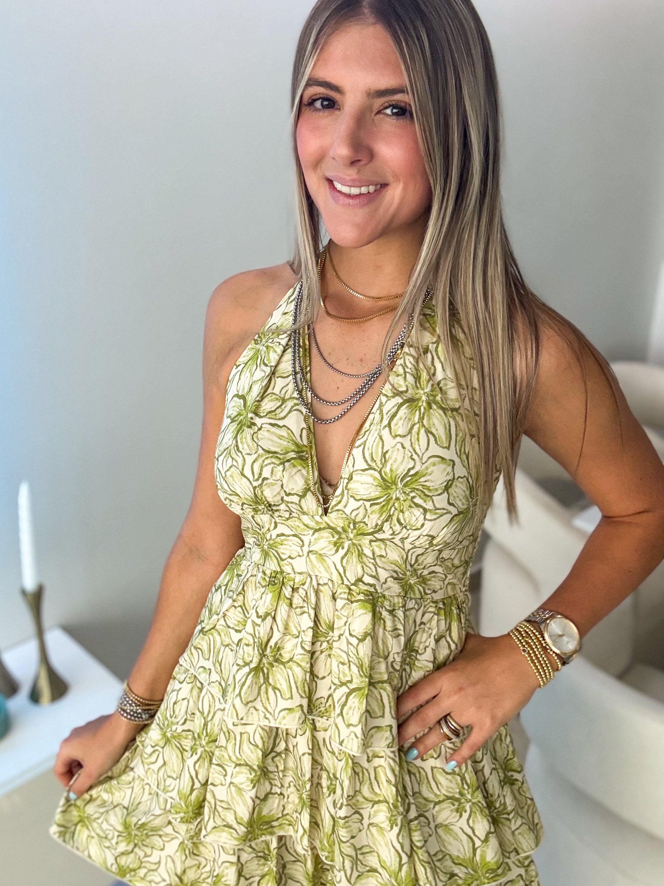 GREEN HALTER PRINTED MIDI DRESS