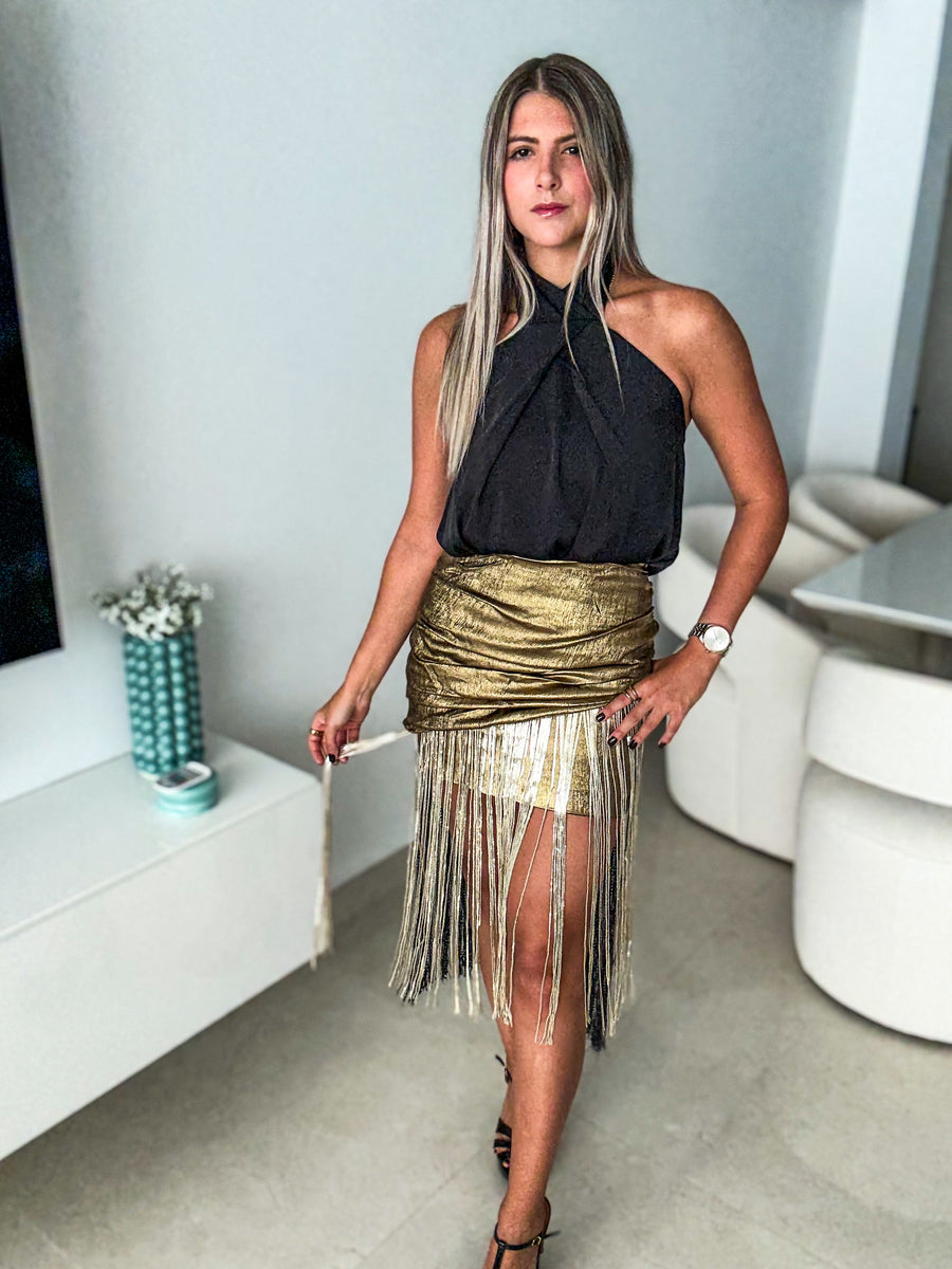 GOLD SEQUIN FRINGE SKIRT
