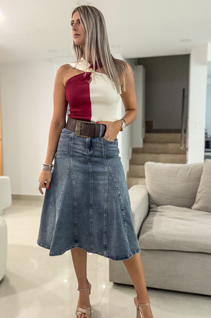 DENIM BELTED STRETCHY MIDI SKIRT