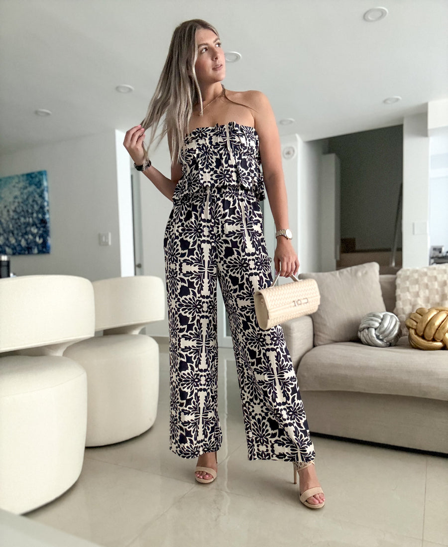 STRAPLESS NAVY PRINTED JUMPSUIT