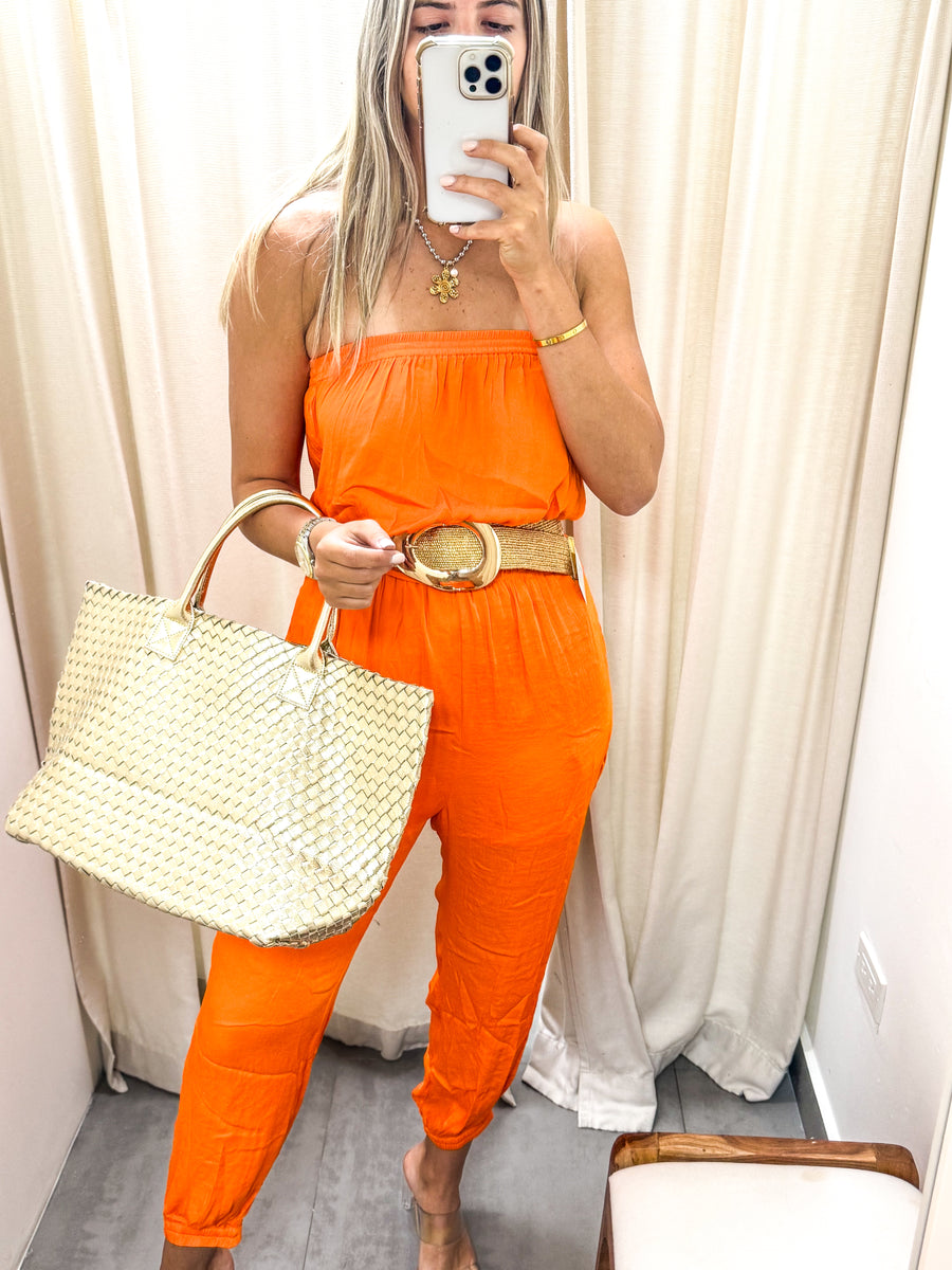 STRAPLESS TIE WAIST JOGGER JUMPSUIT