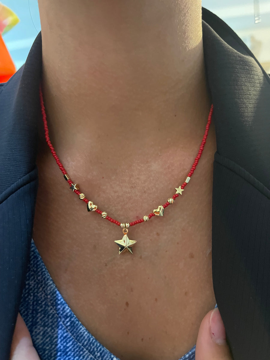 RED SUN BEAD STAR & HEART NECKLACE