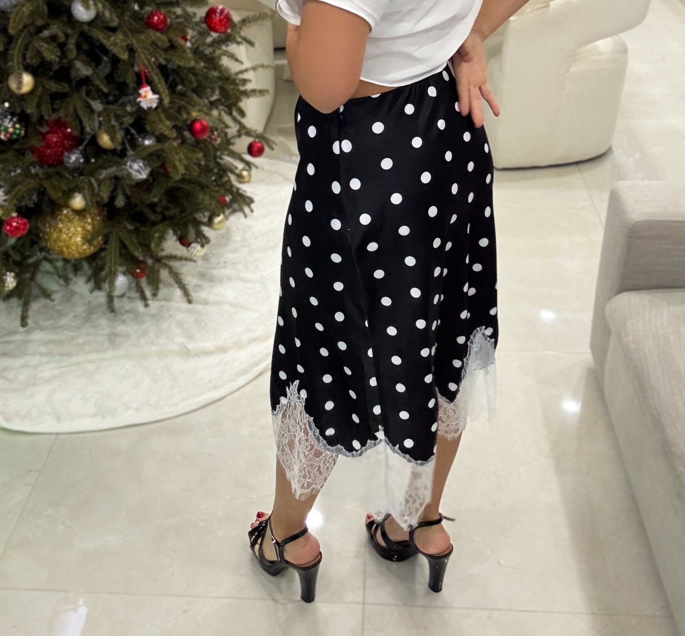 SATIN/LACE POLKA DOT MIDI SKIRT