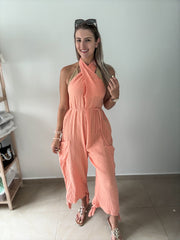 PEACH GAUZE HALTER JUMPSUIT