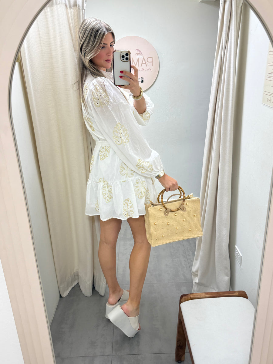 WHITE GOLD DETAILED LEAF SHORT DRESS