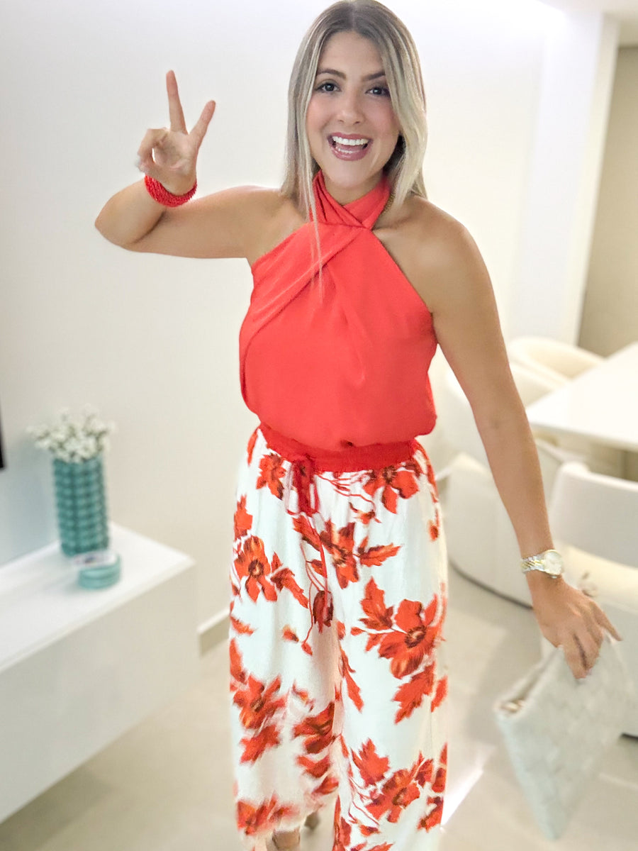 ORANGE HALTER SATIN BLOUSE