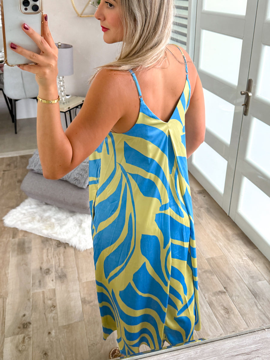 BLUE/GREEN SILKY MAXI DRESS