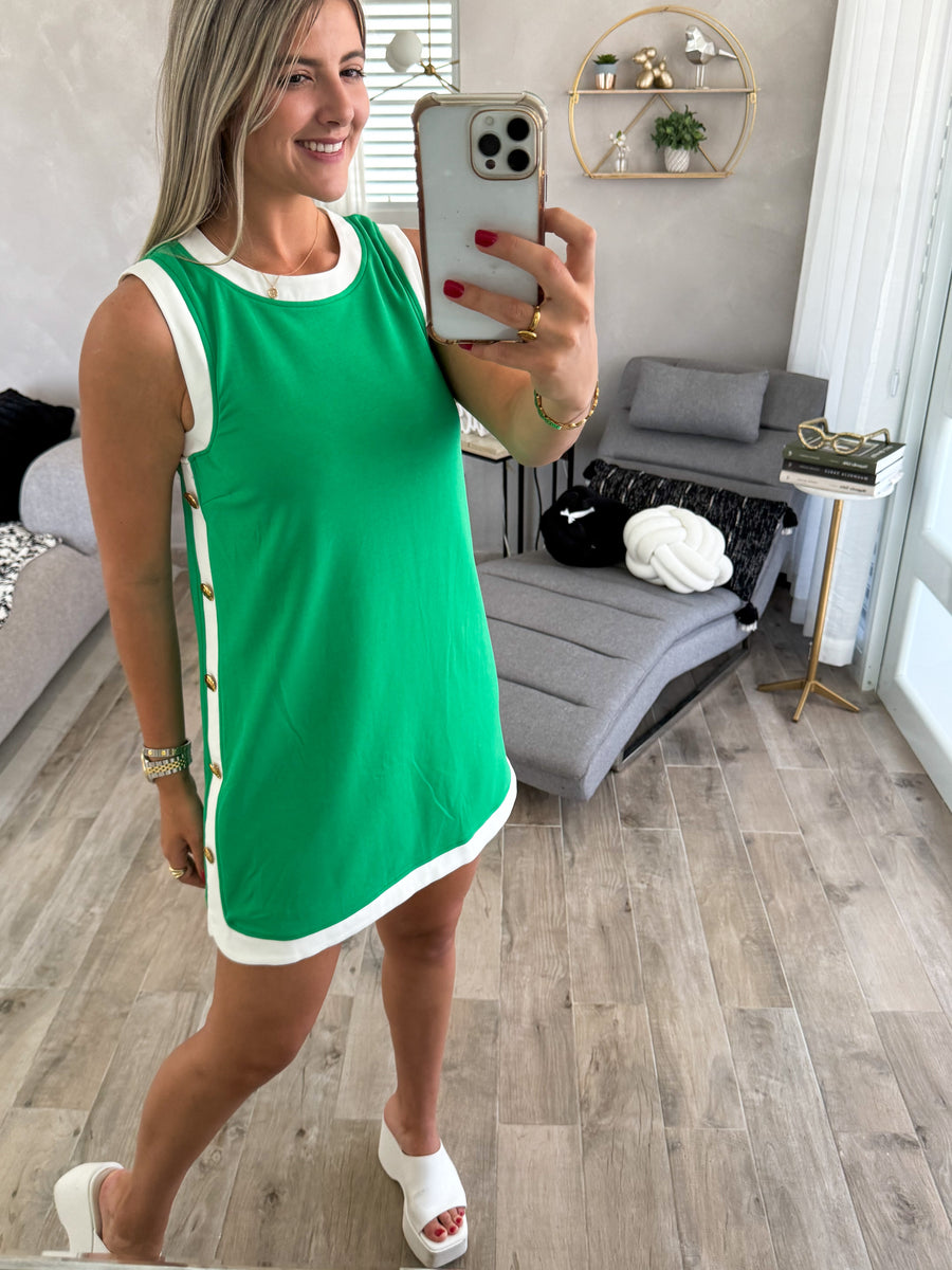 GREEN SIDE TRACK LINE STUDDED SHORT DRESS