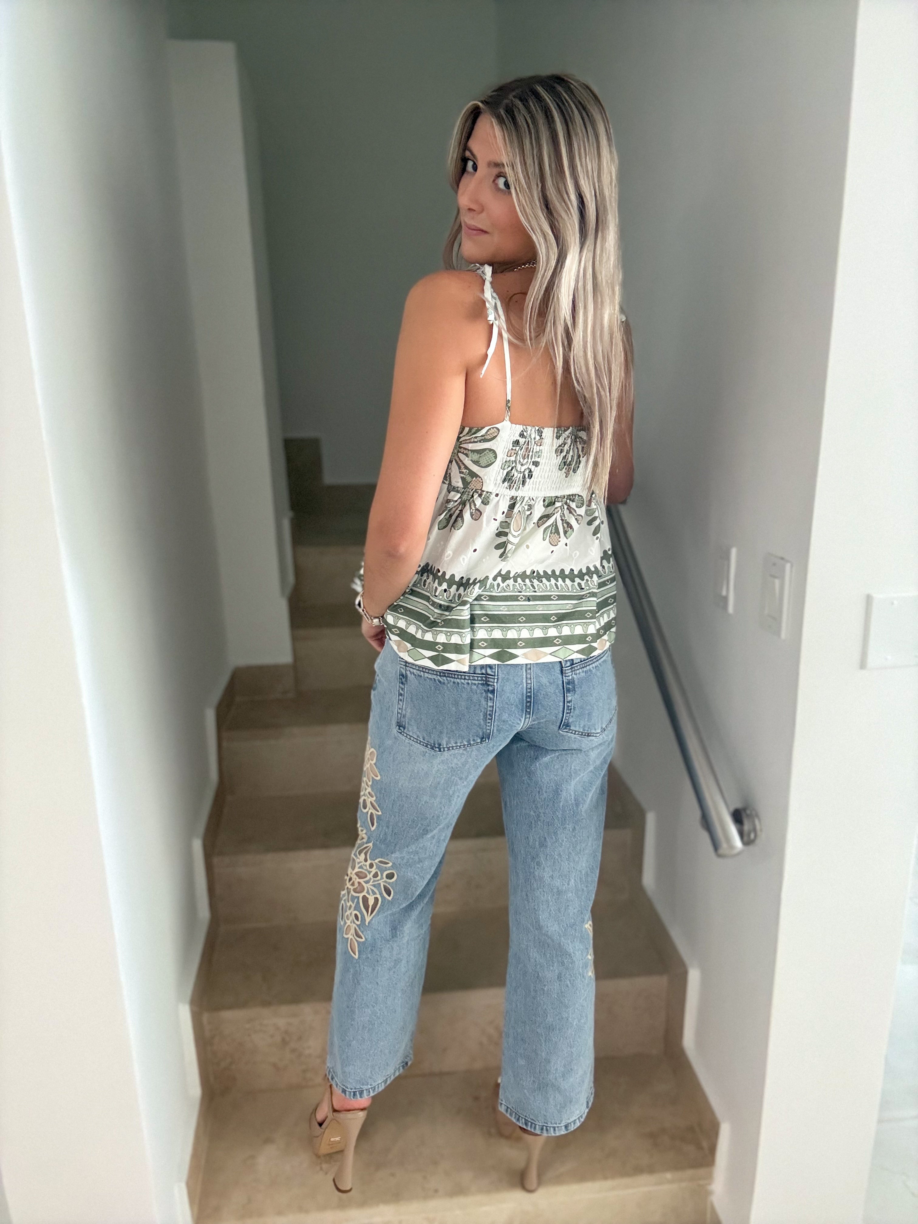 OLIVE/BEIGE EYELET BLOUSE