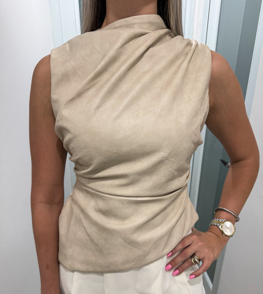 SAND FAUX LEATHER ASYMMETRICAL BLOUSE