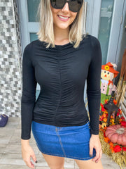 BLACK RUCHED DETAIL BOAT NECK LONG SLEEVE TOP