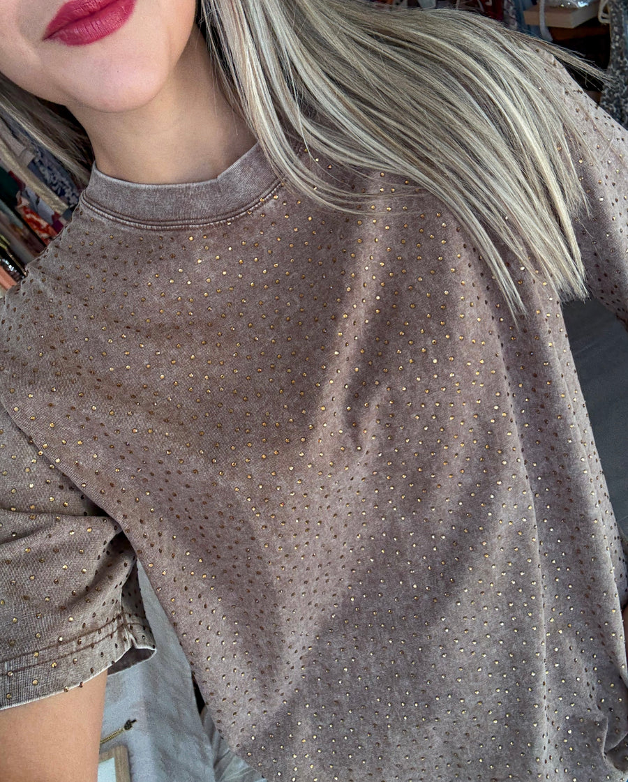 BROWN LONG OVERSIZED RHINESTONES TSHIRT