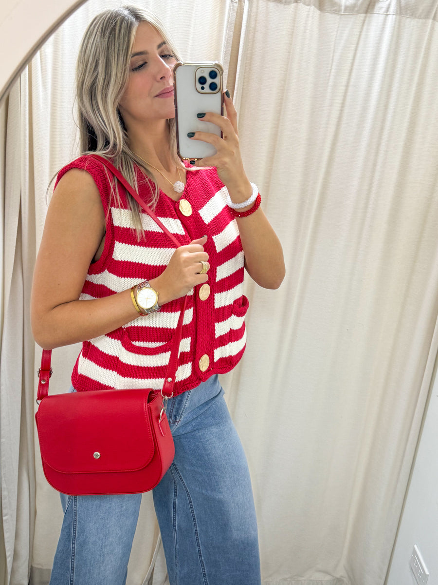 RED/WHITE STRIPED GOLD BUTTON WOVEN BLOUSE